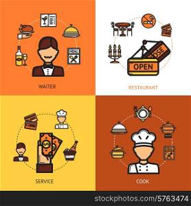 Restaurant design concept set with waiter service cook flat icons isolated vector illustration. Restaurant Design Concept