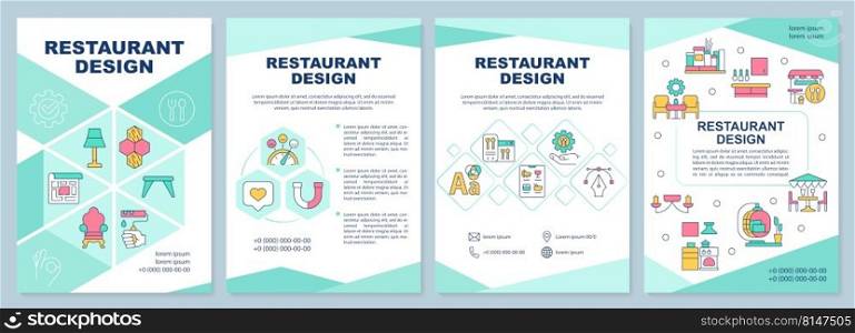 Restaurant design green brochure template. Dining room. Leaflet design with linear icons. Editable 4 vector layouts for presentation, annual reports. Arial-Black, Myriad Pro-Regular fonts used. Restaurant design green brochure template