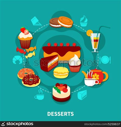 Restaurant Desserts Round Composition. Restaurant concept with circle composition of flat sweets and drinks images and various dishes pictogram silhouettes vector illustration