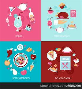 Restaurant drinks perfect service best ingredients delicious menu decorative icons set isolated vector illustration