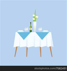 Restaurant elegant interior, decoration of desk vector. Blooming in vase, empty plates and bottle of champagne to celebrate special occasion food. Restaurant Elegant Interior Romantic Table Decor