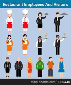Restaurant employees and visitors flat avatars set with waiter chef servant isolated vector illustration