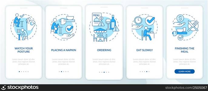 Restaurant etiquette blue onboarding mobile app screen. Table manners walkthrough 5 steps graphic instructions pages with linear concepts. UI, UX, GUI template. Myriad Pro-Bold, Regular fonts used. Restaurant etiquette blue onboarding mobile app screen