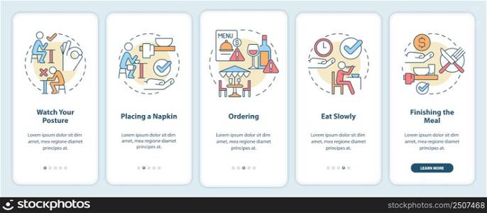 Restaurant etiquette onboarding mobile app screen. Table manners walkthrough 5 steps graphic instructions pages with linear concepts. UI, UX, GUI template. Myriad Pro-Bold, Regular fonts used. Restaurant etiquette onboarding mobile app screen
