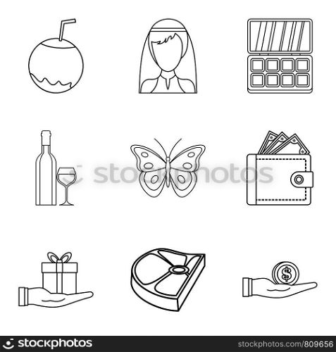 Restaurant evening icons set. Outline set of 9 restaurant evening vector icons for web isolated on white background. Restaurant evening icons set, outline style