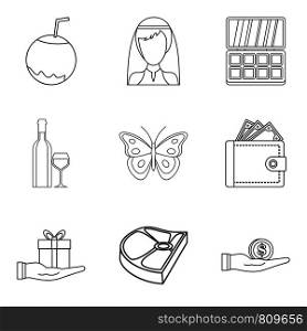 Restaurant evening icons set. Outline set of 9 restaurant evening vector icons for web isolated on white background. Restaurant evening icons set, outline style