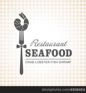 Restaurant, fish dishes, seafood. Shrimp on a fork. Vector logo.