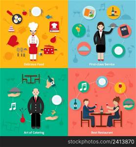 Restaurant flat set with isolated with delicious food first-class service art of catering isolated vector illustration
