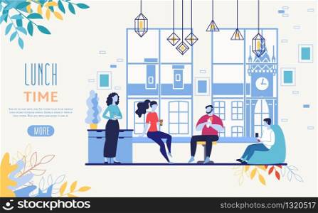 Restaurant Food, Coffee Shop Drinks Delivery Service Flat Vector Web Banner, Landing Page Template with Female, Lame Employees, Company Office Workers Lunching, Drinking Coffee at Work Illustration