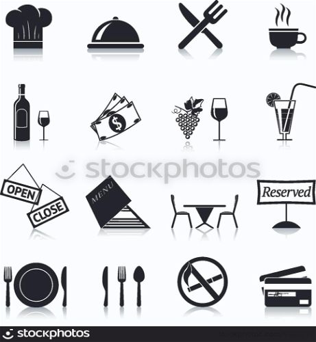 Restaurant food cooking and serving black and white icons set isolated vector illustration