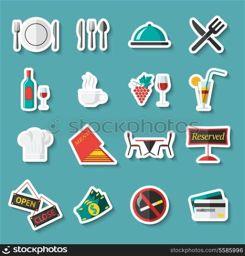 Restaurant food cooking and serving stickers set with menu wine table isolated vector illustration