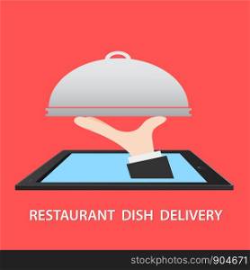 Restaurant Food Delivery Concept flat vector illustration. Hand of Waiter with dish from tablet