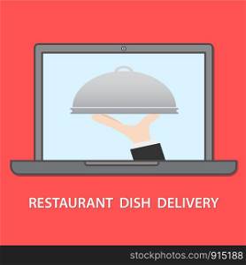 Restaurant Food Delivery Concept flat vector illustration. Hand of Waiter with dish on laptop screen