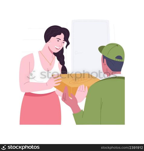 Restaurant food delivery isolated cartoon vector illustrations. Woman receiving an online food order from a delivery service, buying restaurant food and drinks via internet vector cartoon.. Restaurant food delivery isolated cartoon vector illustrations.
