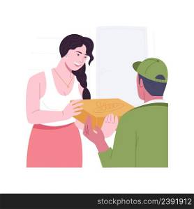 Restaurant food delivery isolated cartoon vector illustrations. Woman receiving an online food order from a delivery service, buying restaurant food and drinks via internet vector cartoon.. Restaurant food delivery isolated cartoon vector illustrations.