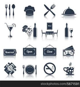 Restaurant food kitchen black icons set with knife fork plate isolated vector illustration