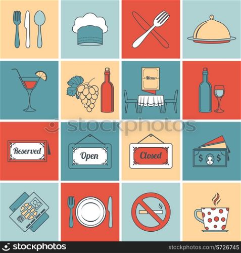 Restaurant food kitchen flat line icons set with open close signs isolated vector illustration