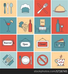 Restaurant food kitchen flat line icons set with open close signs isolated vector illustration