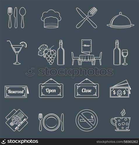 Restaurant food kitchen outline icons set with chef hat wine bottle isolated vector illustration