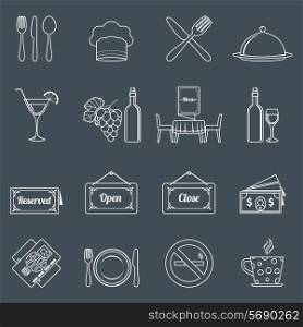 Restaurant food kitchen outline icons set with chef hat wine bottle isolated vector illustration