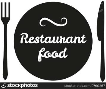 Restaurant food logo design template. Graphic plate and cutlery icon symbol for cafe, restaurant, cooking business. Modern linear catering label, emblem. Hand drawn lettering for food cooking. Restaurant food logo design template. Graphic plate and cutlery icon symbol for cafe business