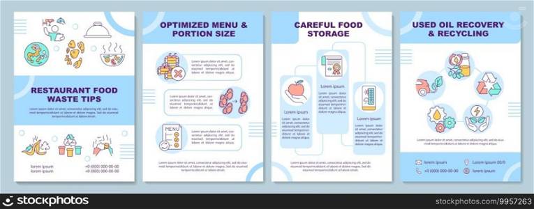 Restaurant food waste tips brochure template. Optimized menu. Flyer, booklet, leaflet print, cover design with linear icons. Vector layouts for magazines, annual reports, advertising posters. Restaurant food waste tips brochure template