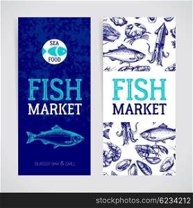Restaurant fresh sea food menu banners set. Fish market pa?kage and poster. Hand drawn sketch vector illustration