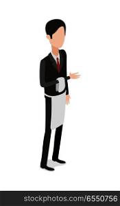 Restaurant. Full length portrait of waiter holding towel on bent arm. Isolated brunet man. Hasher wearing black classical suit and shoes with red tie and long white apron on waist. Flat design. Vector. Restaurant. Waiter Holding Napkin on Bent Arm