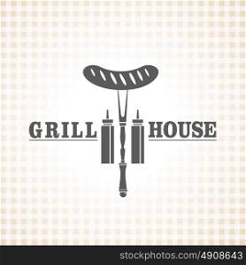 Restaurant grill and barbecue menu, sausage on a fork and ketchup, vector logo