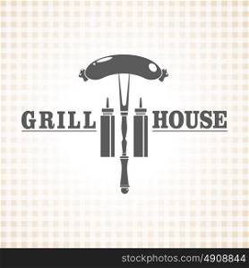 Restaurant grill and barbecue menu, sausage on a fork and ketchup, vector logo