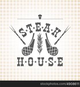 Restaurant grill and barbecue menu, steak house, meat and a sprig of rosemary, vector logo