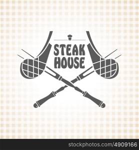 Restaurant grill and barbecue menu, steak house, meat on the crossed forks, vector logo