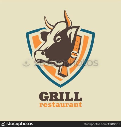 Restaurant, grill, beef dishes. Fresh meat, steaks. Vector logo with a picture of a cow.