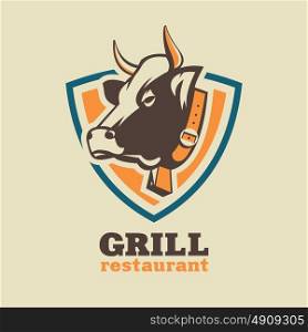 Restaurant, grill, beef dishes. Fresh meat, steaks. Vector logo with a picture of a cow.