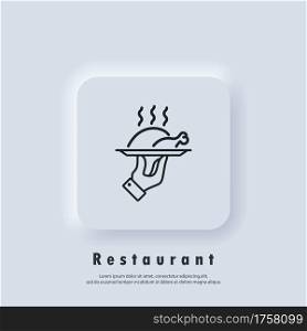 Restaurant icon. Food tray. Chicken on a tray line icon. Roasted poultry meat hot steaming dish. Vector. Neumorphic UI UX white user interface web button. Neumorphism