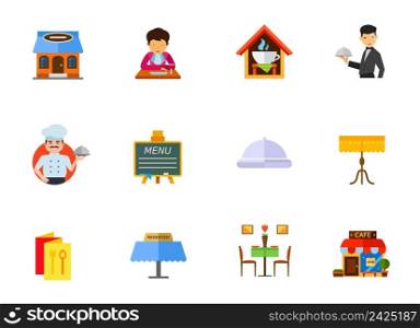 Restaurant icon set. Restaurant Building Gentleman With Napkin Eating Cafe Waiter Chef Menu On Blackboard Cloche Table And Tablecloth Menu Brochure Reserved Tablet Restaurant Interior Cafe Building