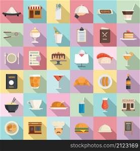 Restaurant icons set flat vector. Cook cafe. Food bar. Restaurant icons set flat vector. Cook cafe