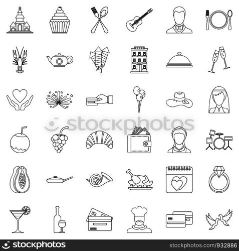 Restaurant icons set. Outline style of 36 restaurant vector icons for web isolated on white background. Restaurant icons set, outline style