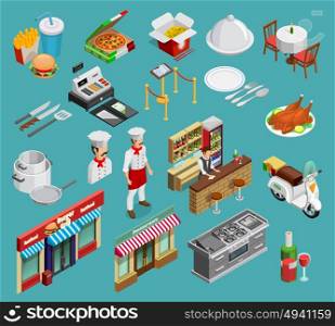 Restaurant Icons Set . Restaurant isometric icons set with food and cooking symbols on blue background isolated vector illustration