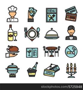 Restaurant icons set with cuisine waiter chef and payment symbols isolated vector illustration