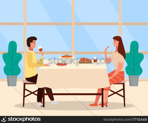 Restaurant in italian style. Table with pasta and meat steak. Arrangement of furniture. Couple is eating italian food. People are having a date in the cafe. Guy drinking wine. Girl eating a snack. Couple is eating italian food. Young characters are having dinner in the restaurant together