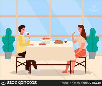 Restaurant in italian style. Table with pasta and meat steak. Arrangement of furniture. Couple is eating italian food. People are having a date in the cafe. Guy drinking wine. Girl eating a snack. Couple is eating italian food. Young characters are having dinner in the restaurant together