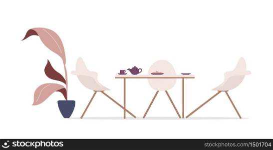 Restaurant interior cartoon vector illustration. Coffee house contemporary furniture flat color objects. Dinner at home. Food and beverages on restaurant table isolated on white background. Restaurant interior cartoon vector illustration