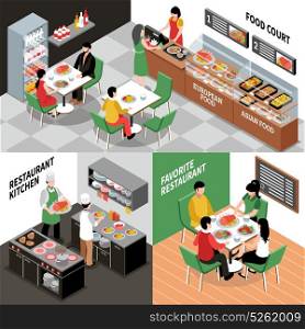 Restaurant Interior Compositions Set. Food court isometric concept with various restaurant rooms salle and kitchen interiors with people and furniture vector illustration