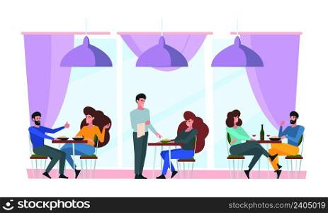 Restaurant interior. Friend talking and meeting in bar or coffee woman and persons have a rest time for lunch adults in restaurant vector flat background. Interior of restaurant and bar, cafe meeting. Restaurant interior. Friend talking and meeting in bar or coffee woman and men various persons have a rest time for lunch adults in restaurant garish vector flat background