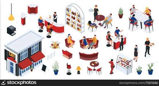 Restaurant isometric set with elements of interior staff and visitors waiting for order isolated vector illustration