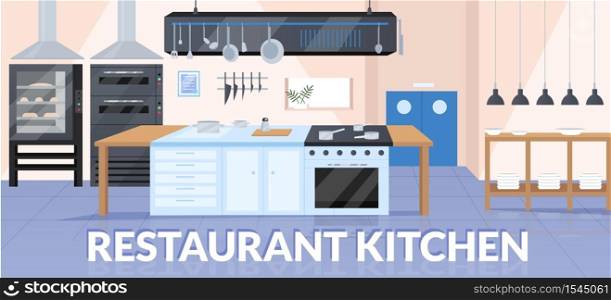 Restaurant kitchen banner flat vector template. Professional catering service, culinary show brochure, booklet one page concept design with cartoon illustrations. Modern kitchen decor flyer, leaflet. Restaurant kitchen banner flat vector template