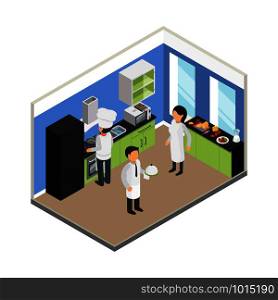 Restaurant kitchen. Commercial food business eating equipment chef tray dish stuff vector isometric. Illustration of chef restaurant on isometric kitchen. Restaurant kitchen. Commercial food business eating equipment chef tray dish stuff vector isometric