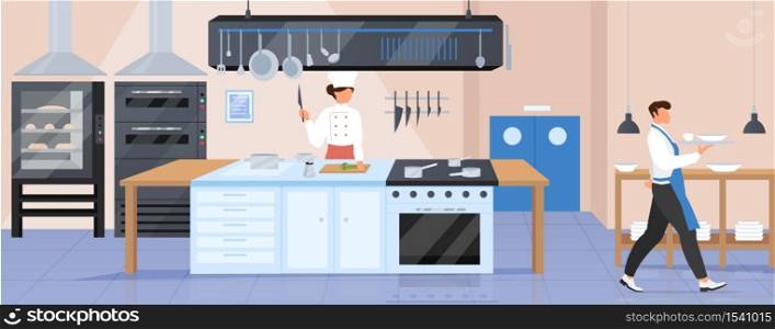 Restaurant kitchen flat color vector illustration. Catering establishment 2D cartoon interior design with characters on background. Gourmet restaurant, cafeteria workers, professional chef and waiter. Restaurant kitchen flat color vector illustration