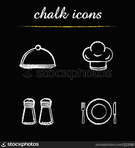 Restaurant kitchen items chalk icons set. Salt and pepper shakers, chef's hat, covered dish, fork, plate and table knife. Isolated vector chalkboard illustrations. Restaurant kitchen items chalk icons set